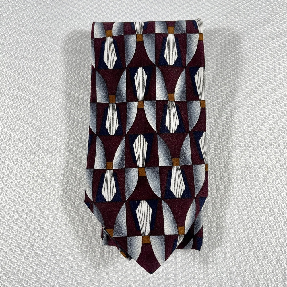 Puritan Special Edition Mens Tie Burgundy Grey Geometric Art Deco Silk Blend USA